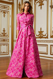 Fuchsia Floral Lapel Neck Long Mother of the Bride Dress with Bow