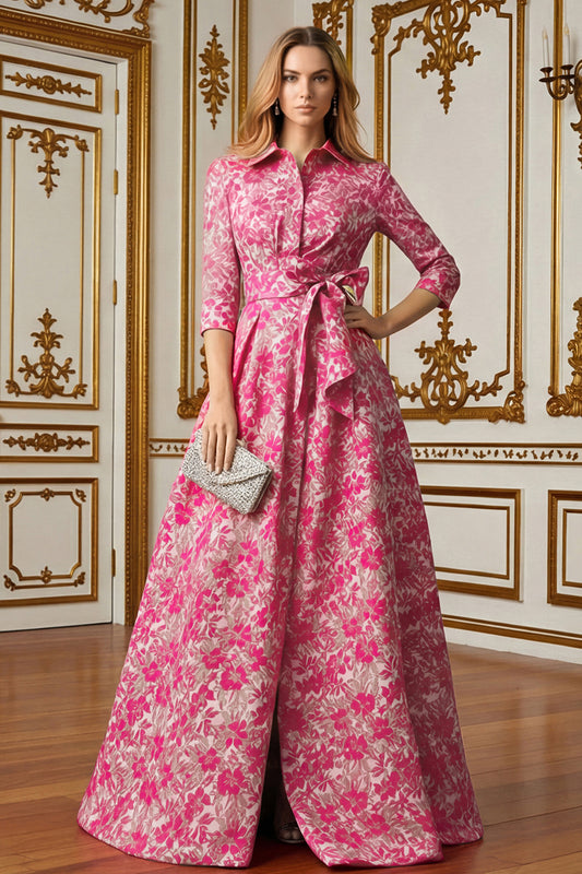 Fuchsia Floral Lapel Neck Jacquard Long Mother of the Bride Dress with Bow