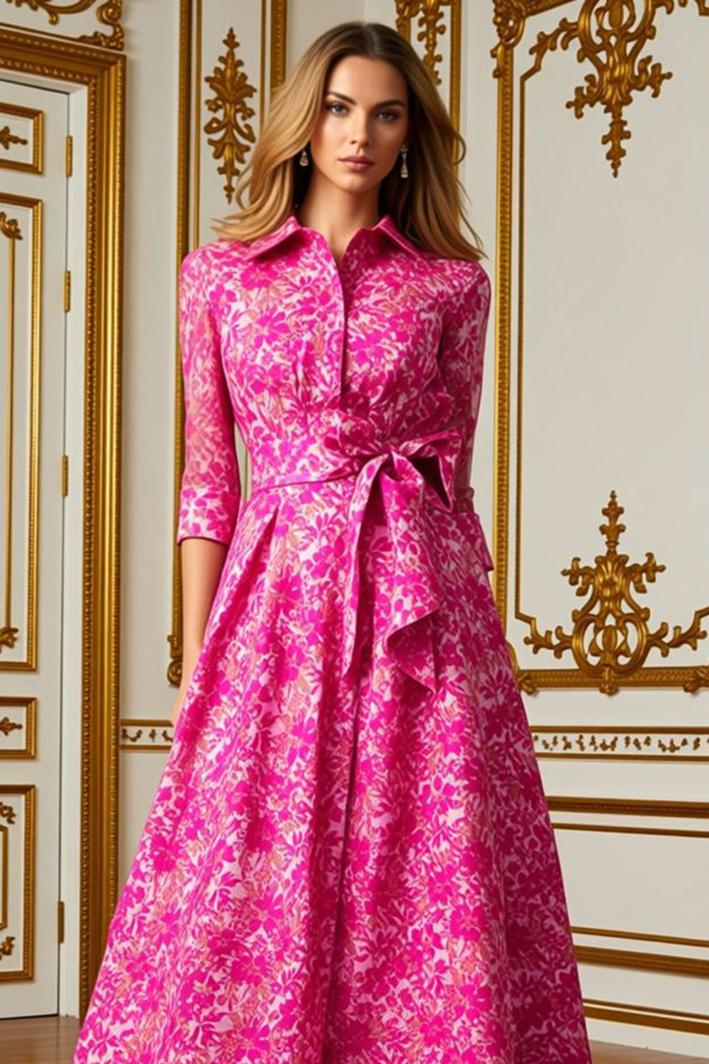 Fuchsia Floral Lapel Neck Long Mother of the Bride Dress with Bow