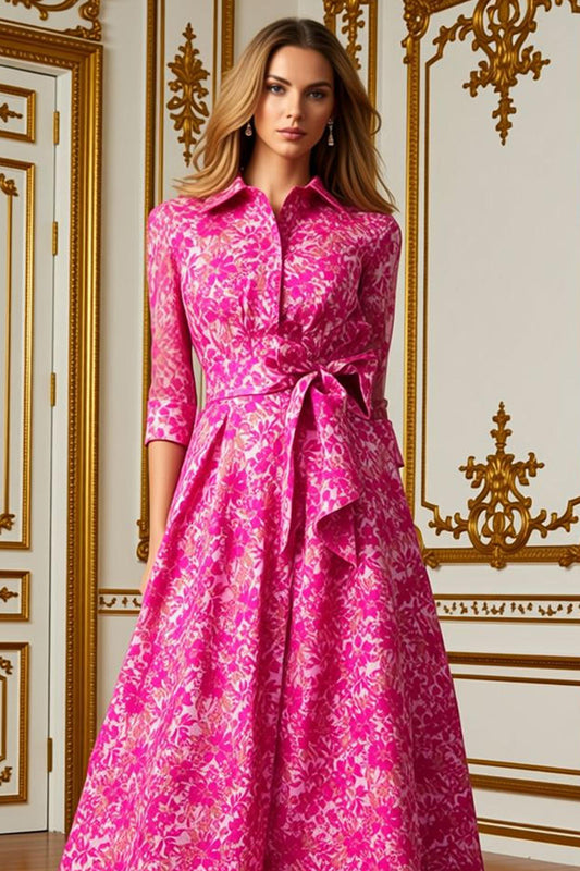 Fuchsia Floral Lapel Neck Long Mother of the Bride Dress with Bow