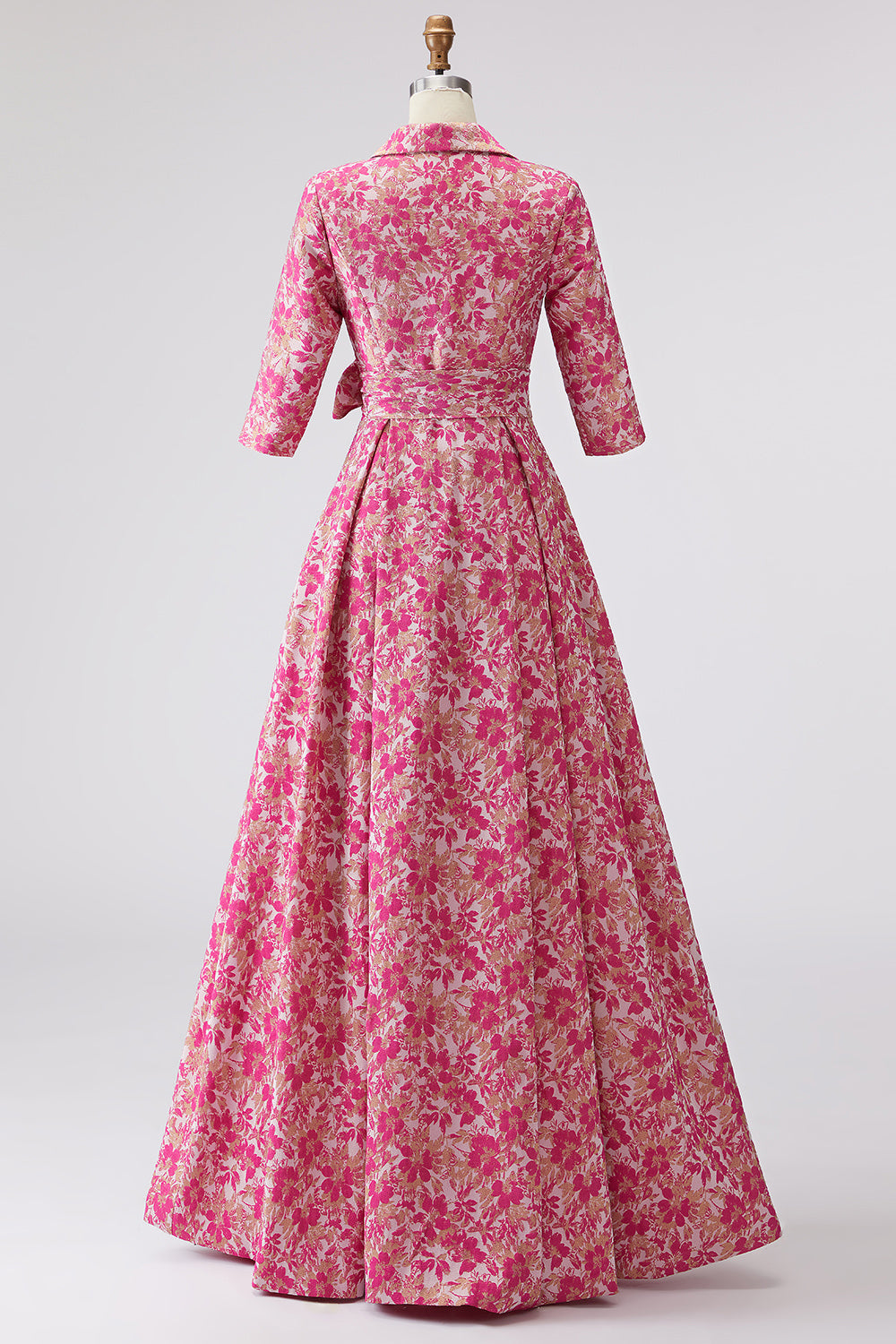 Fuchsia Floral Lapel Neck Jacquard Long Mother of the Bride Dress with Bow