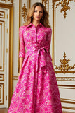 Fuchsia Floral Lapel Neck Long Mother of the Bride Dress with Bow