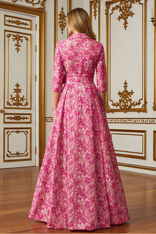 Fuchsia Floral Lapel Neck Jacquard Long Mother of the Bride Dress with Bow