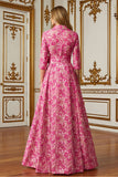 Fuchsia Floral Lapel Neck Jacquard Long Mother of the Bride Dress with Bow