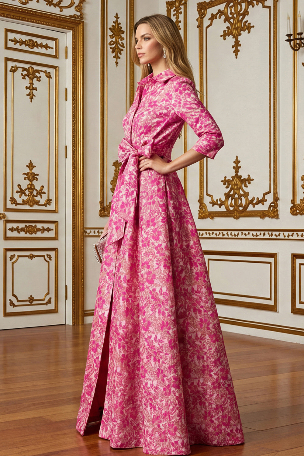 Fuchsia Floral Lapel Neck Jacquard Long Mother of the Bride Dress with Bow