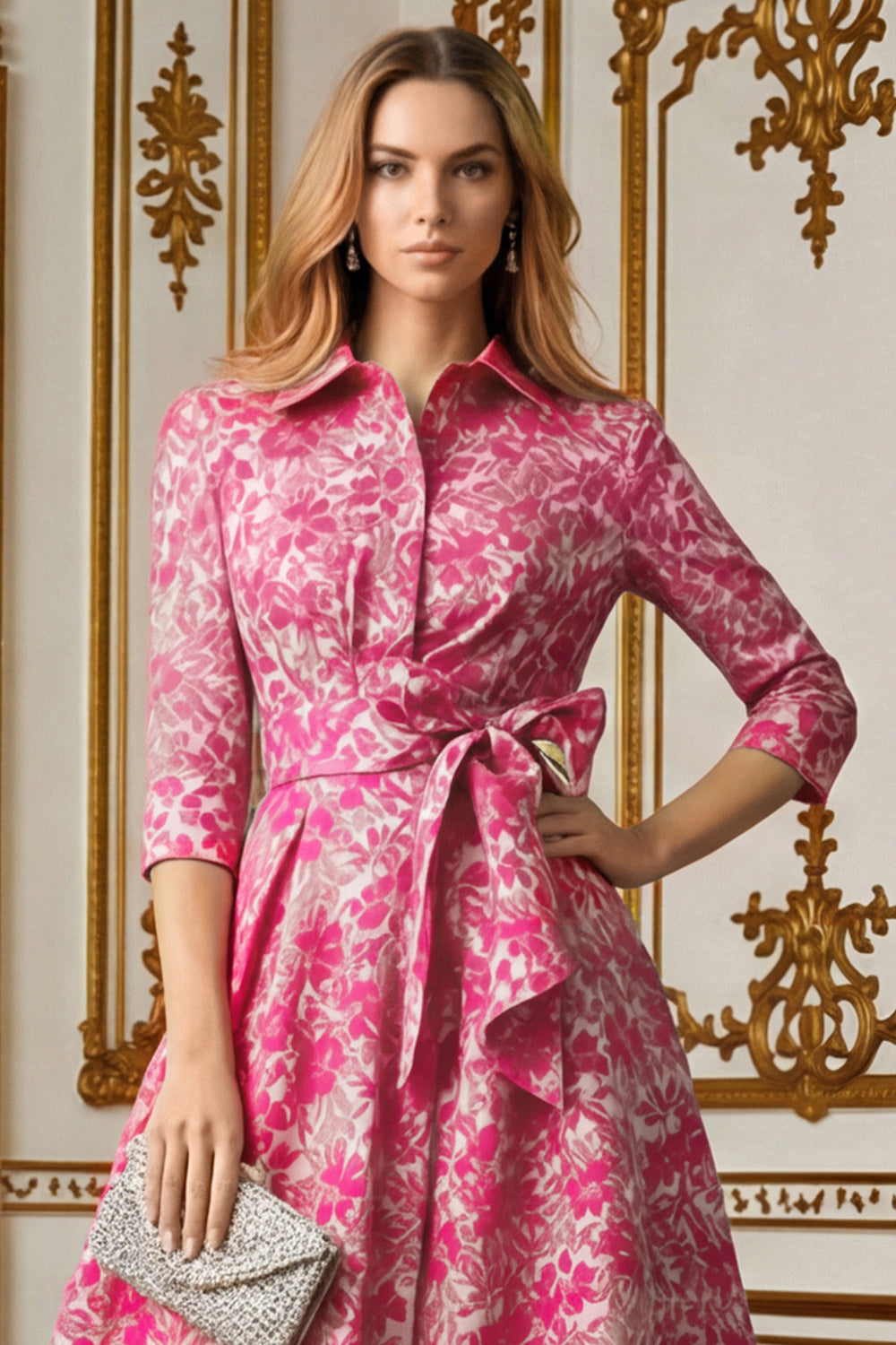 Fuchsia Floral Lapel Neck Jacquard Long Mother of the Bride Dress with Bow