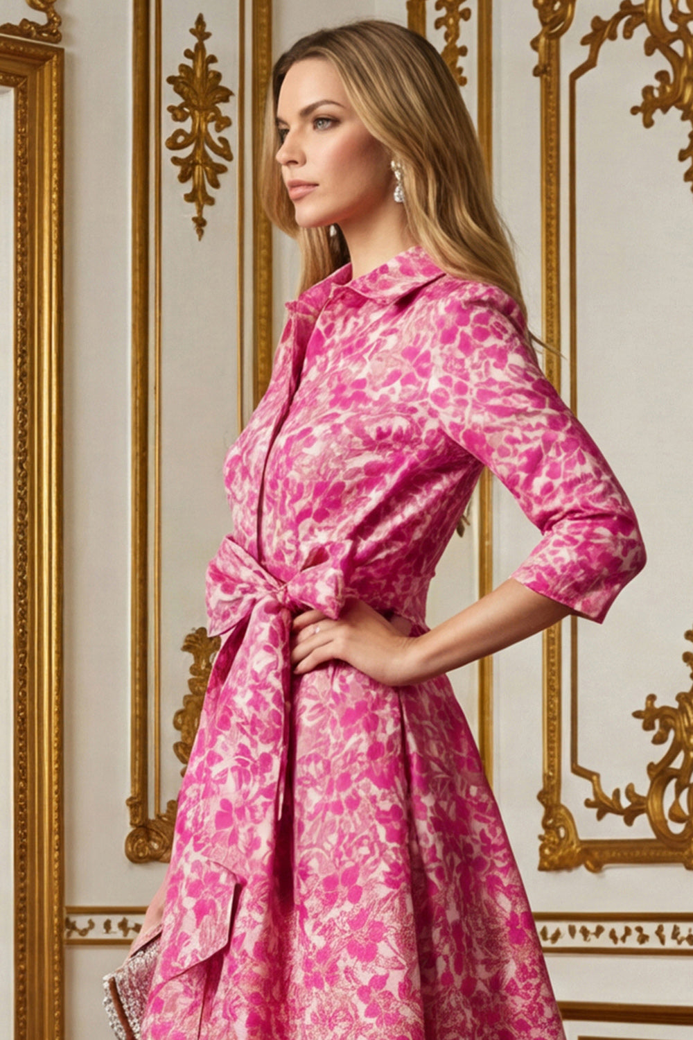 Fuchsia Floral Lapel Neck Jacquard Long Mother of the Bride Dress with Bow