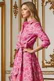 Fuchsia Floral Lapel Neck Jacquard Long Mother of the Bride Dress with Bow