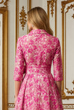 Fuchsia Floral Lapel Neck Jacquard Long Mother of the Bride Dress with Bow