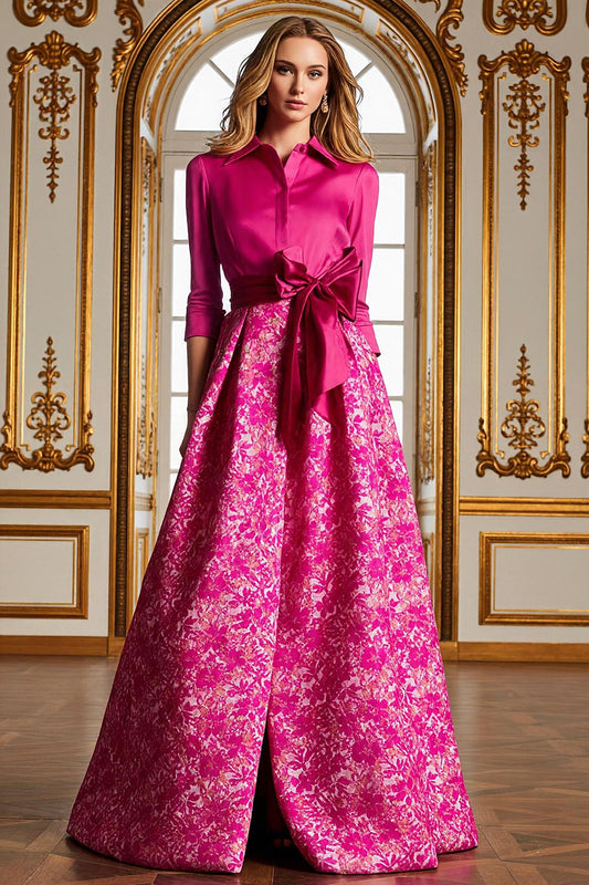 Fuchsia Floral Lapel Neck Long A Line Mother of the Bride Dress with Slit