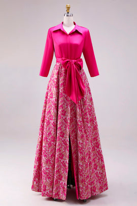 Floral Fuchsia Lapel Neck A Line Satin Long Mother of the Bride Dress with Slit