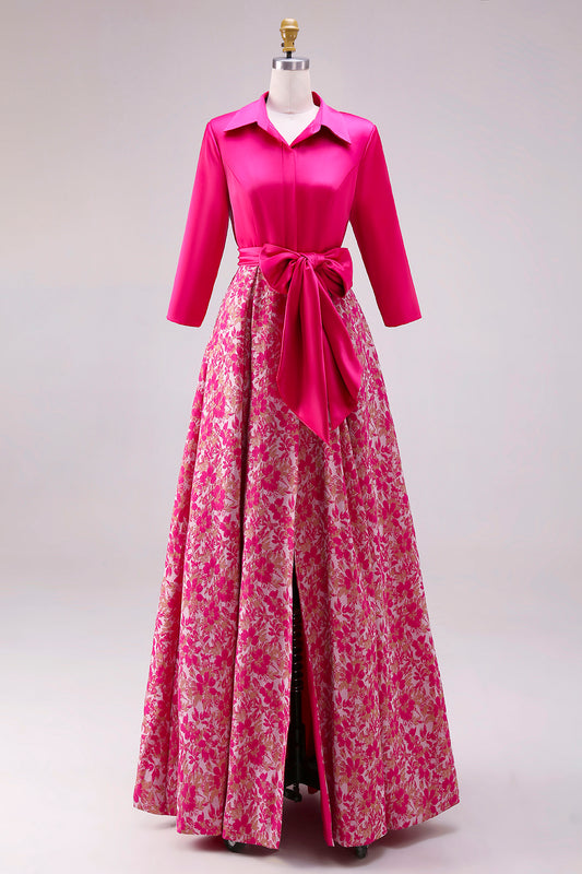 Floral Fuchsia Lapel Neck A Line Satin Long Mother of the Bride Dress with Slit