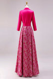 Floral Fuchsia Lapel Neck A Line Satin Long Mother of the Bride Dress with Slit