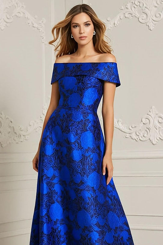 Royal Blue Floral Off the Shoulder Long Mother of the Bride Dress