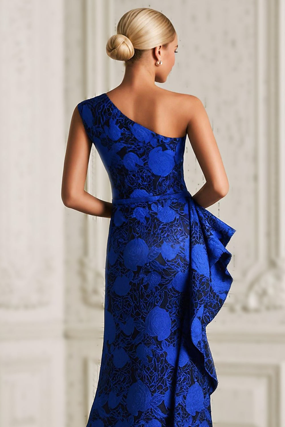 Royal Blue Floral Ruffled Mermaid Long Mother of the Bride Dress with Slit
