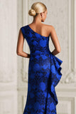 Royal Blue Floral Ruffled Mermaid Long Mother of the Bride Dress with Slit