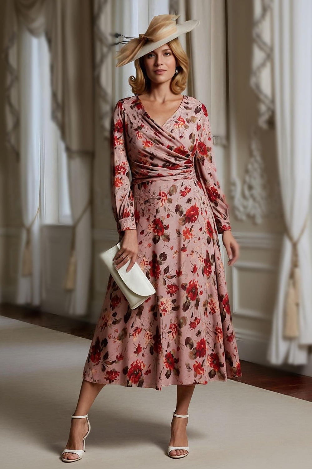 Dusty Rose Floral V Neck Long Mother of the Bride Dress with Sleeves