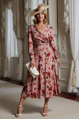 Dusty Rose Floral V Neck Long Mother of the Bride Dress with Sleeves