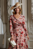 Dusty Rose Floral V Neck Long Mother of the Bride Dress with Sleeves