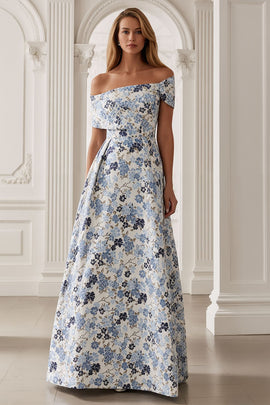 Floral Blue A-Line Off the Shoulder Long Mother of the Bride Dress