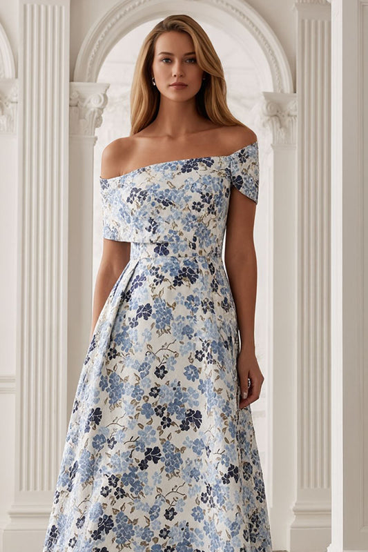 Floral Blue A-Line Off the Shoulder Long Mother of the Bride Dress