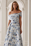 Floral Blue A-Line Off the Shoulder Long Mother of the Bride Dress