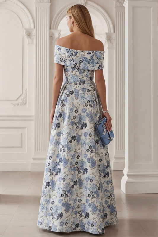 Floral Blue A-Line Off the Shoulder Long Mother of the Bride Dress