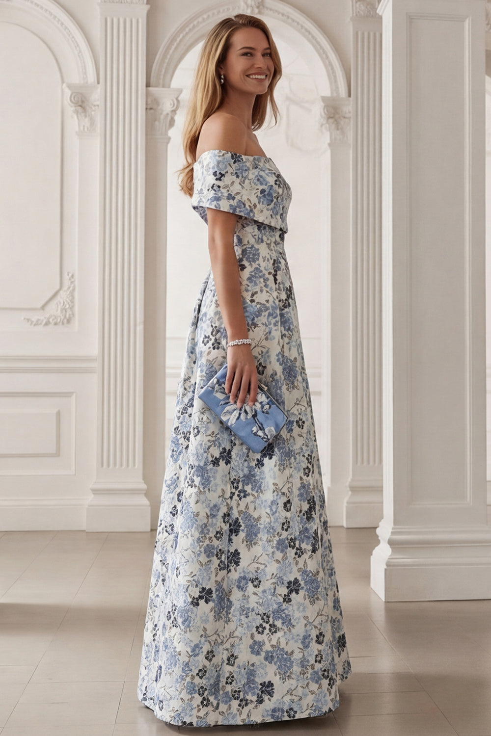 Floral Blue A-Line Off the Shoulder Long Mother of the Bride Dress