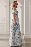 Floral Blue A-Line Off the Shoulder Long Mother of the Bride Dress