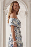 Floral Blue A-Line Off the Shoulder Long Mother of the Bride Dress