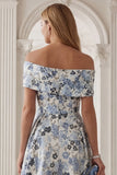 Floral Blue A-Line Off the Shoulder Long Mother of the Bride Dress
