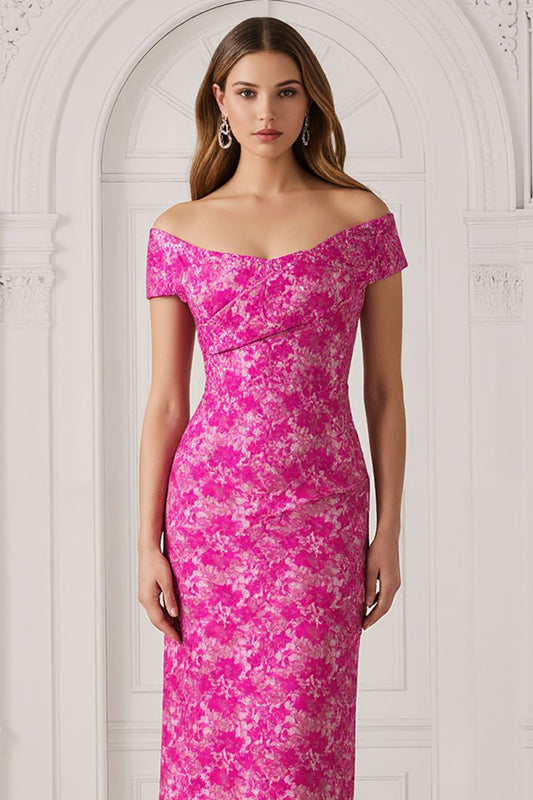 Floral Fuchsia Jacquard Off the Shoulder Long Mother of the Bride Dress