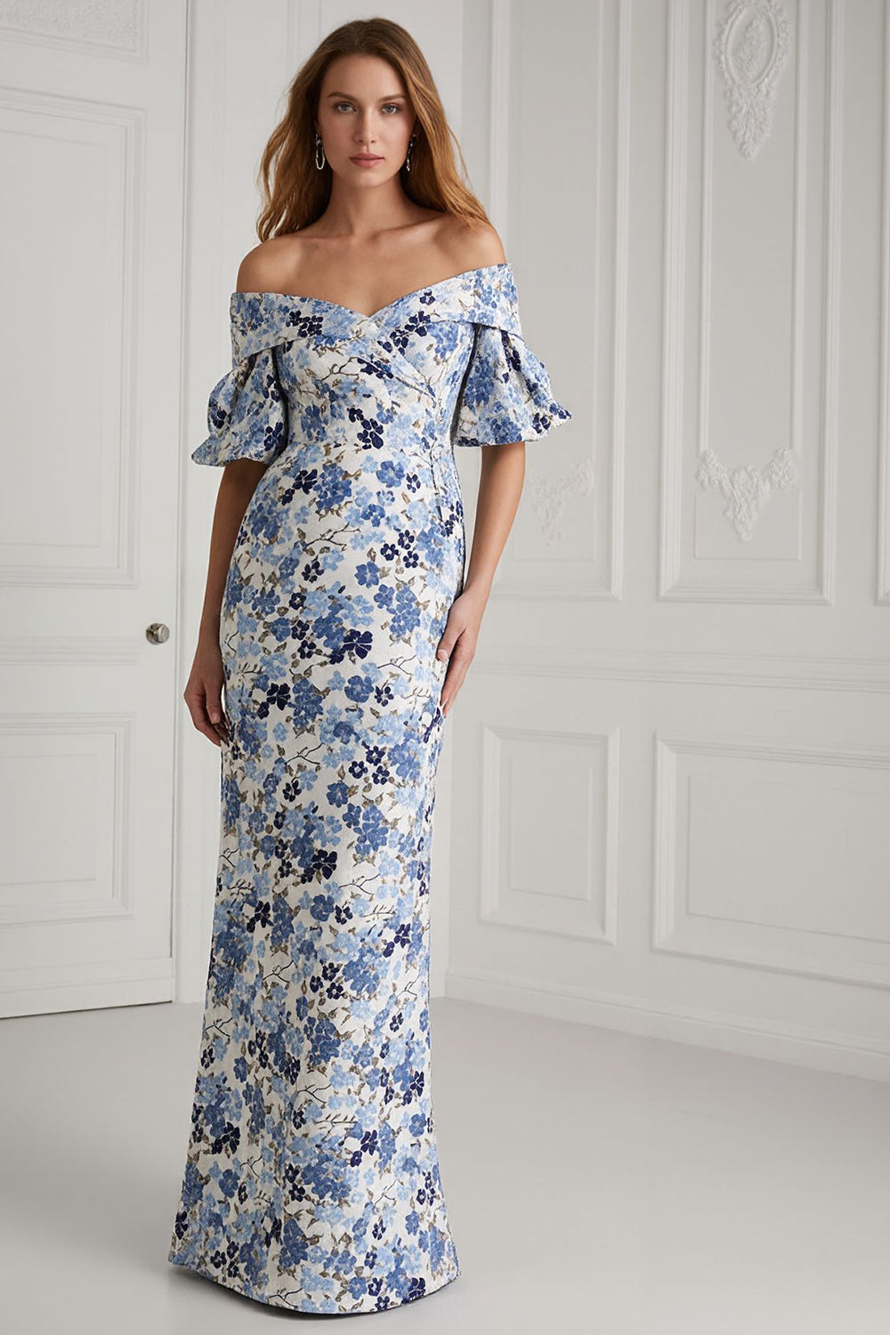 Floral Blue Mermaid Off the Shoulder Long Mother of the Bride Dress