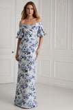Floral Blue Mermaid Off the Shoulder Long Mother of the Bride Dress