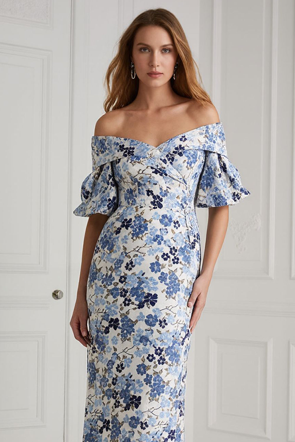 Floral Blue Mermaid Off the Shoulder Long Mother of the Bride Dress
