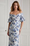 Floral Blue Mermaid Off the Shoulder Long Mother of the Bride Dress