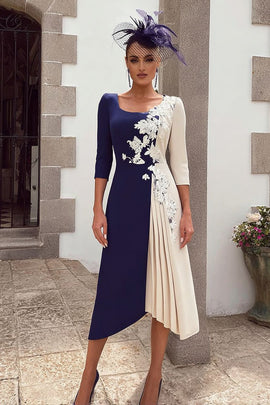 Floral Navy and Ivory Scoop Neck Midi Mother of the Bride Dress with Appliques