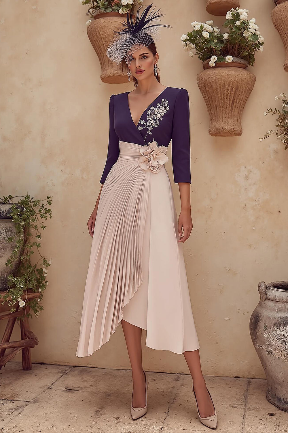 Purple V-Neck Pleated Midi Mother of the Bride Dress with Sleeves