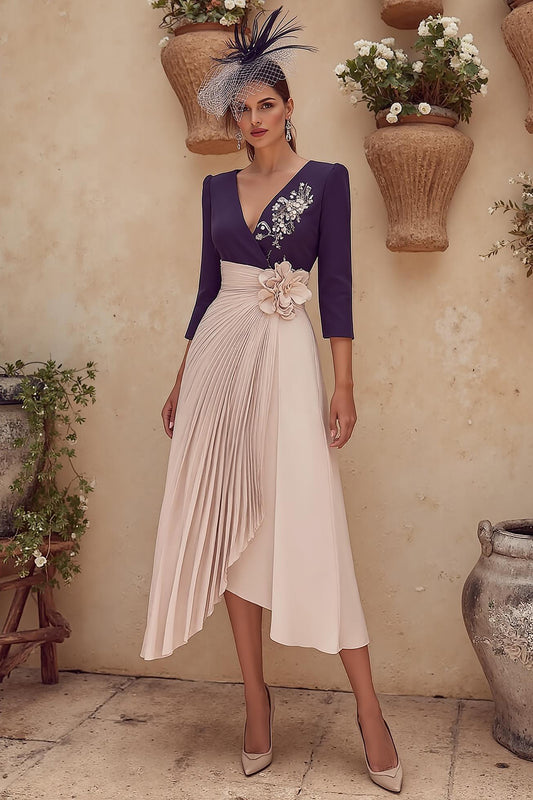 Purple V-Neck Pleated Midi Mother of the Bride Dress with Sleeves