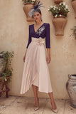 Purple V-Neck Pleated Midi Mother of the Bride Dress with Sleeves