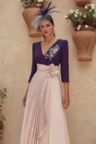Purple V-Neck Pleated Midi Mother of the Bride Dress with Sleeves