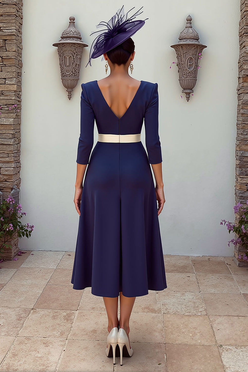 Floral Navy V-Neck Pleated MIdi Mother of the Bride Dress with Appliques