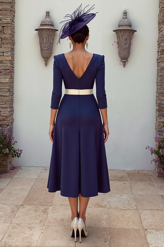 Floral Navy V-Neck Pleated MIdi Mother of the Bride Dress with Appliques