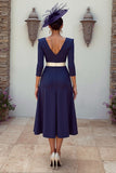 Floral Navy V-Neck Pleated MIdi Mother of the Bride Dress with Appliques