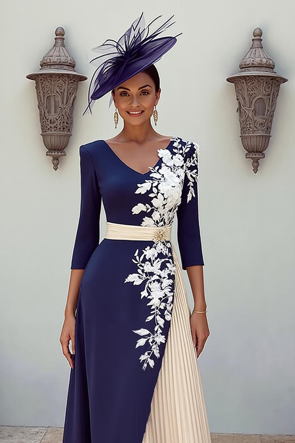 Floral Navy V-Neck Pleated MIdi Mother of the Bride Dress with Appliques