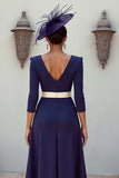 Floral Navy V-Neck Pleated MIdi Mother of the Bride Dress with Appliques