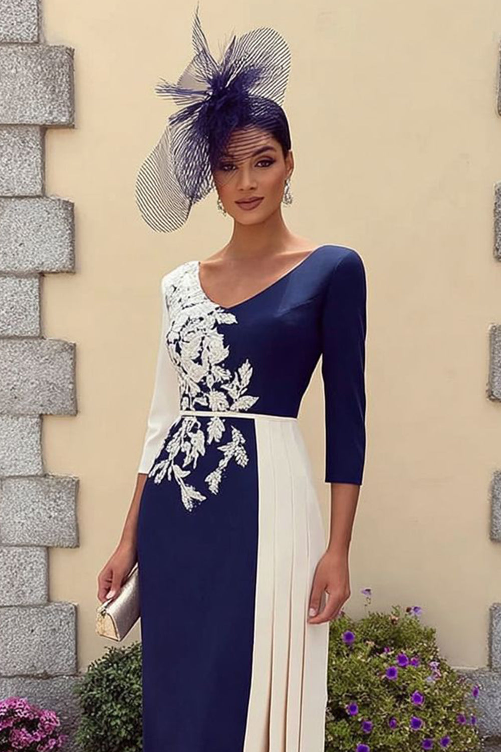 Navy 3/4 Sleeves Bodycon Midi Mother of the Bride Dress with Appliques