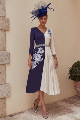 Navy A Line V-Neck Pleated Midi Mother of the Bride Dress with Appliques