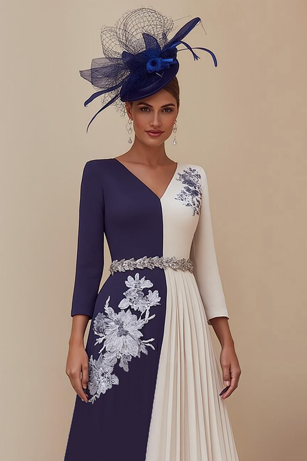 Navy A Line V-Neck Pleated Midi Mother of the Bride Dress with Appliques