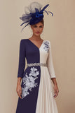Navy A Line V-Neck Pleated Midi Mother of the Bride Dress with Appliques